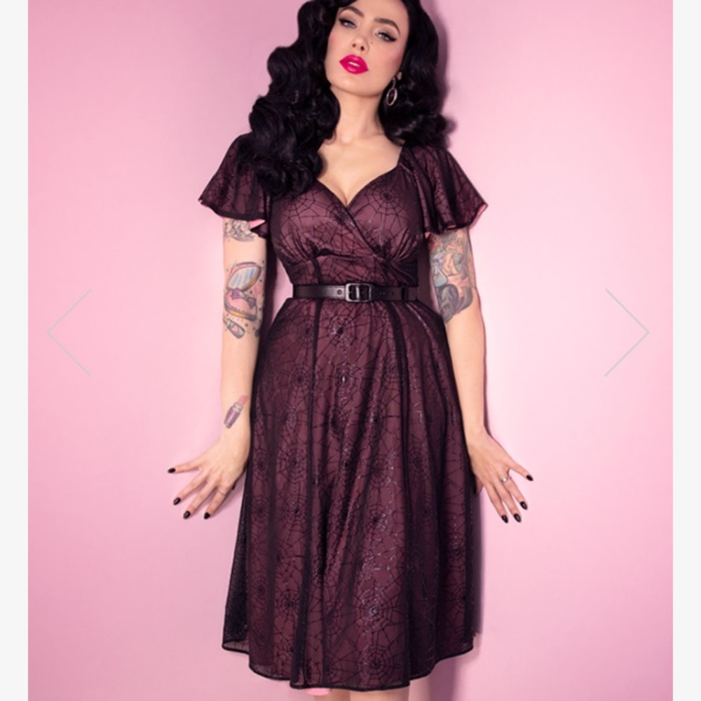 Babydoll Dress Pink Rayon in Black Spiderweb